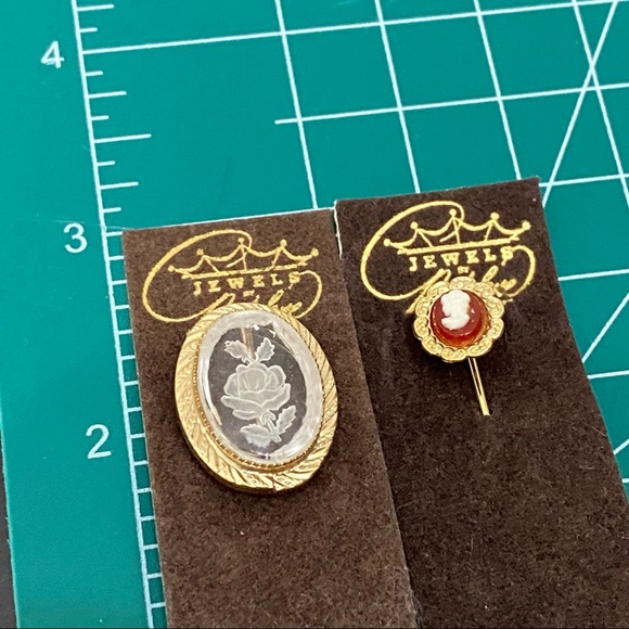 Vintage Jewels Park Lane Rose Flower Intaglio & Mini Victorian Cameo Stick Pins - Picture 6 of 10